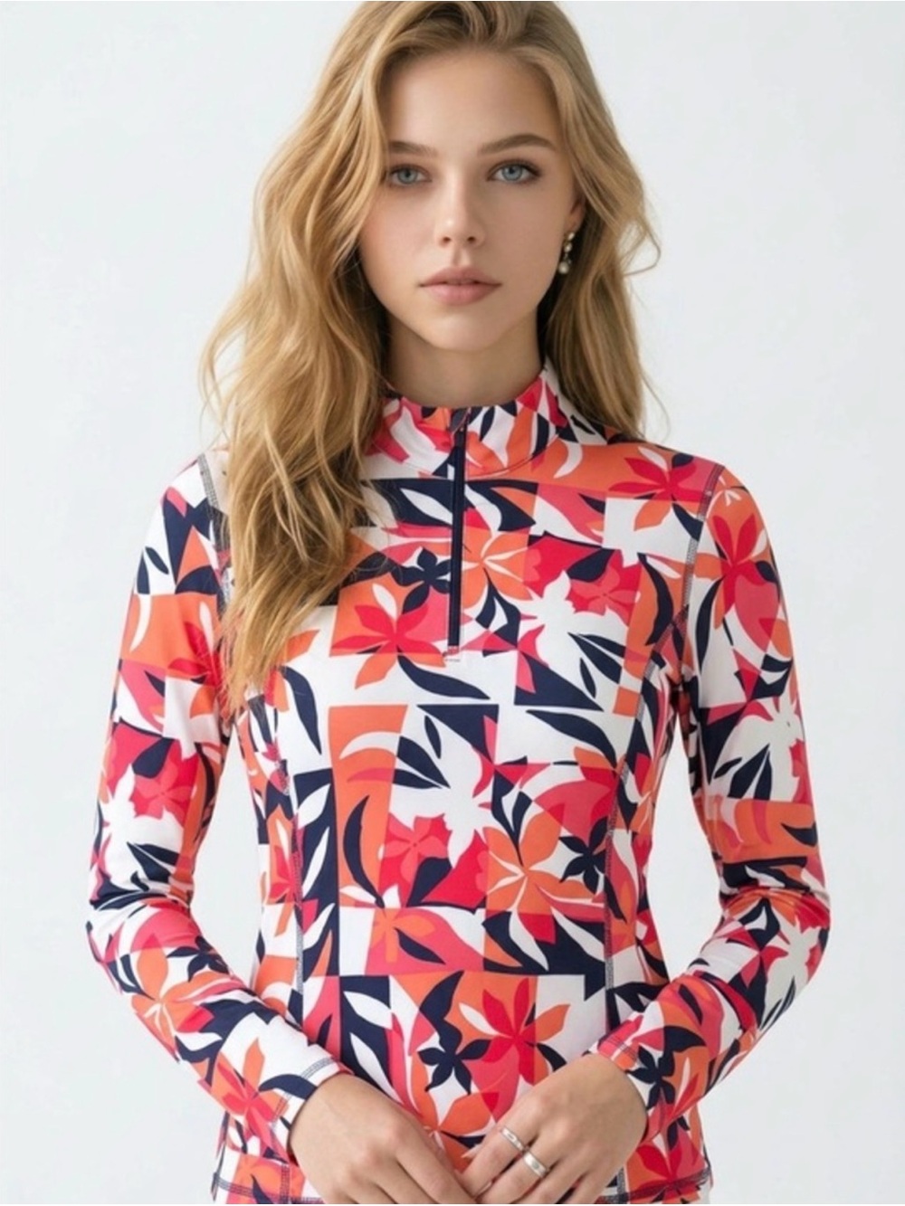Callaway Coral, Navy & White Floral Zip Mock-Neck Long Sleeve Top